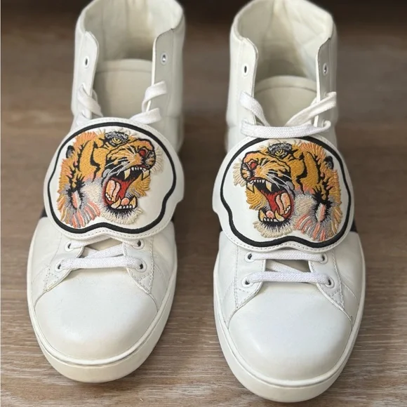 Men’s Gucci White High-Top Sneakers with Tiger Patch